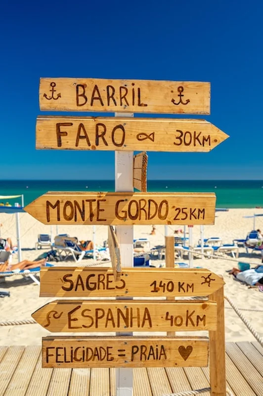 Drewniana tablica kierująca do portugalskich miejsc w pobliżu plaży