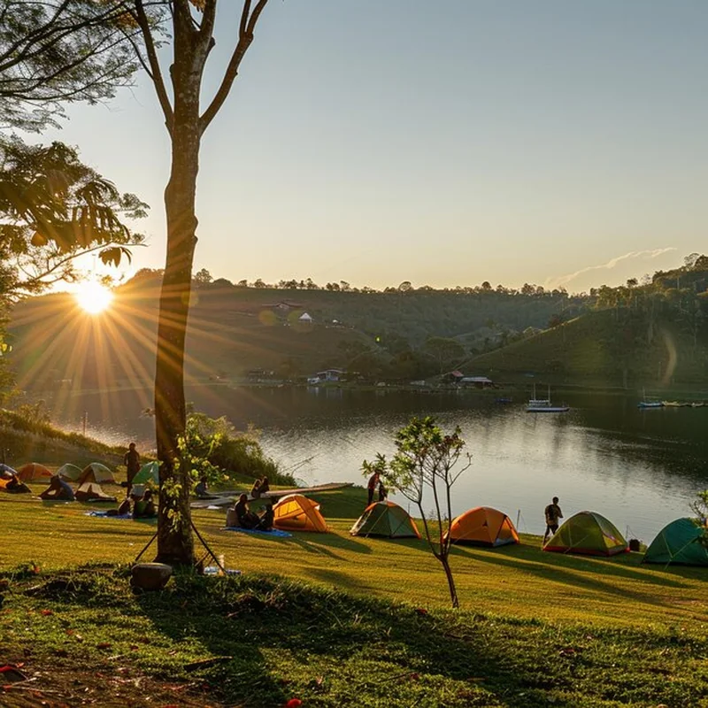 Turyści kempujący z namiotem w lesie obok ogniska
