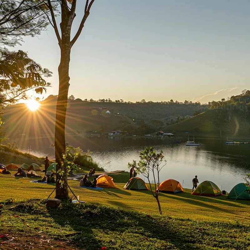 Turyści kempujący z namiotem przy ognisku w lesie obok jeziora