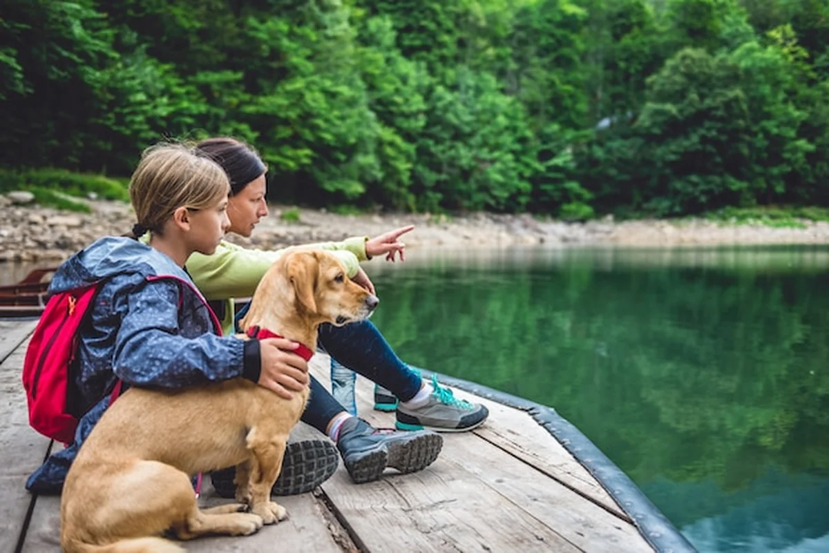 Matka i córka z psem odpoczywa na molu